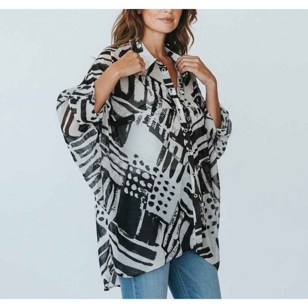 Michael Tyler Chiffon Cocoon Topper Tunic 1X White Black Art to Wear Lagenlook